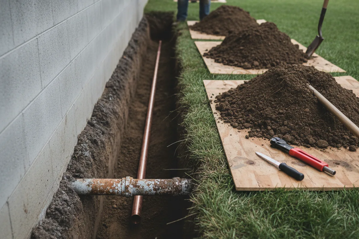 Excavated water line trench during Water Softener Installation in Reeseville